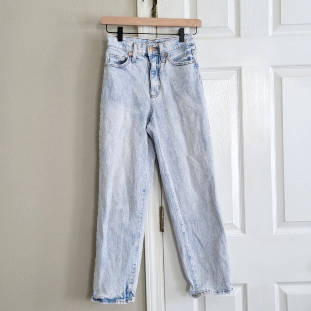 Straight leg acid wash distressed jeans